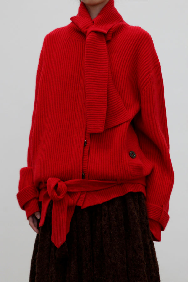 NAN KNITS 25 Autumn and Winter Ribbon Collar Slant Lapel Jacket NAN-N25AWCOA07RED-HONG Red